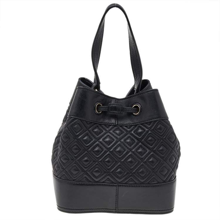 Pre Owned Tory Burch Black Leather Drawstring Bucket Bag