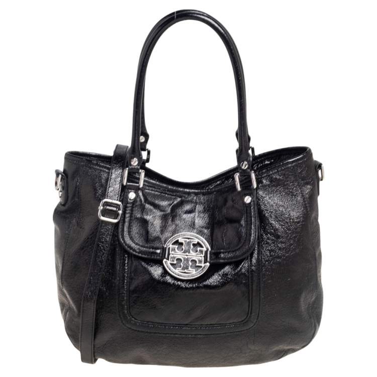 Tory Burch Black Glossy Crinkled Leather Amanda Tote Tory Burch The Luxury Closet