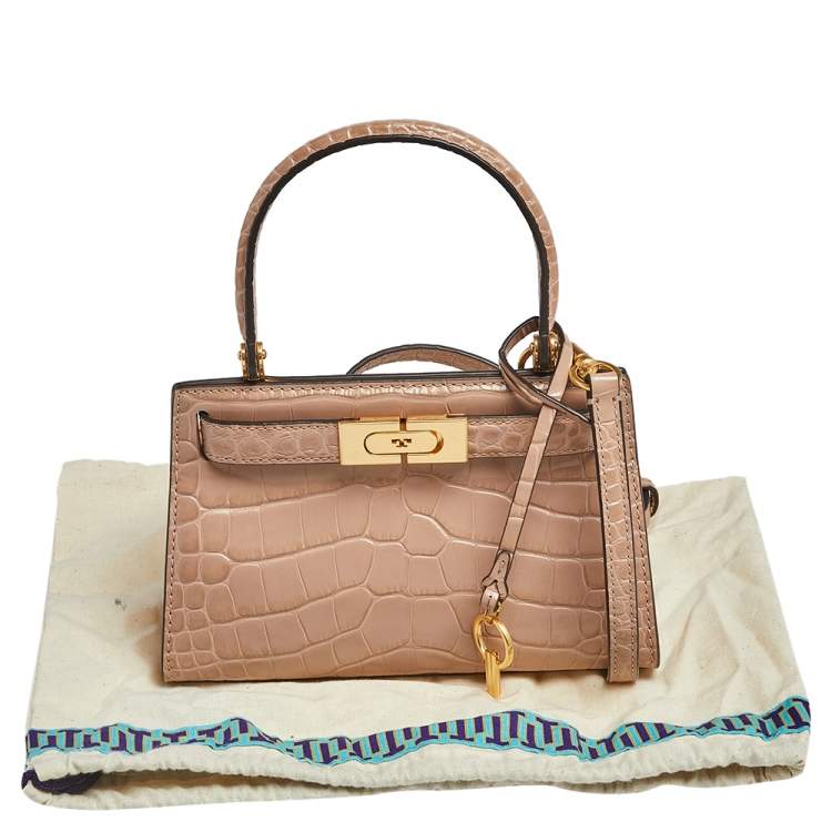 Pre Owned Tory Burch Peach Croc Embossed Leather Petite Lee Radziwill Top Handle Bag