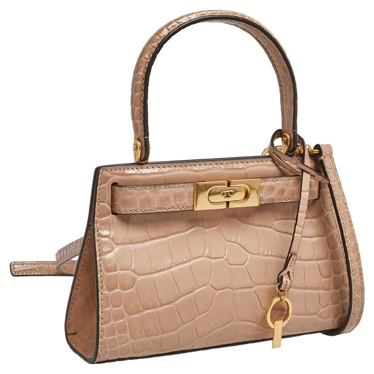 Pre Owned Tory Burch Peach Croc Embossed Leather Petite Lee Radziwill Top Handle Bag