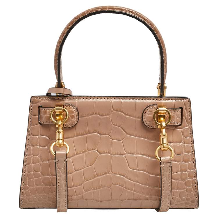 Pre Owned Tory Burch Peach Croc Embossed Leather Petite Lee Radziwill Top Handle Bag