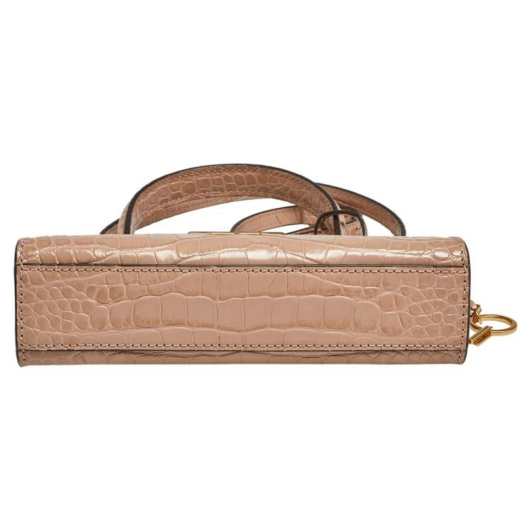 Pre Owned Tory Burch Peach Croc Embossed Leather Petite Lee Radziwill Top Handle Bag