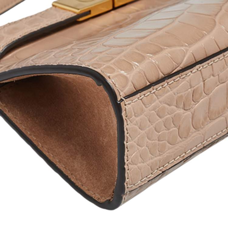 Pre Owned Tory Burch Peach Croc Embossed Leather Petite Lee Radziwill Top Handle Bag