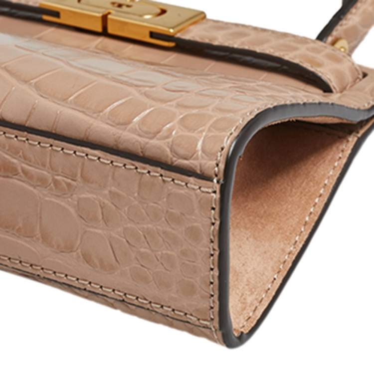 Pre Owned Tory Burch Peach Croc Embossed Leather Petite Lee Radziwill Top Handle Bag