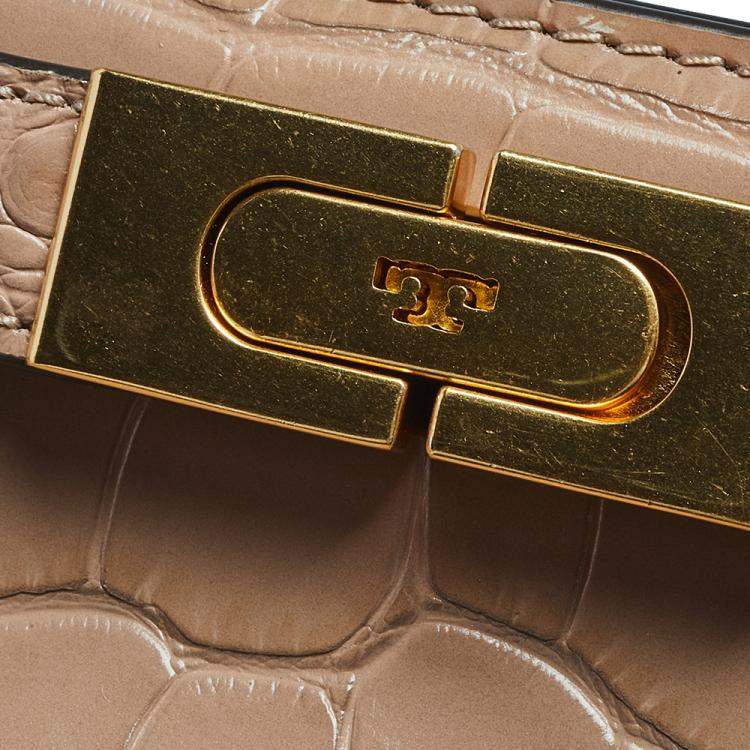 Pre Owned Tory Burch Peach Croc Embossed Leather Petite Lee Radziwill Top Handle Bag