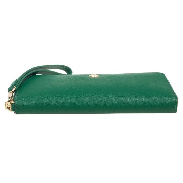 Pre Owned Tory Burch Green Leather Robinson Zip Around Wristlet Wallet Organizer