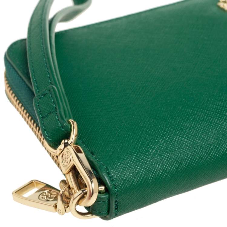 Pre Owned Tory Burch Green Leather Robinson Zip Around Wristlet Wallet Organizer