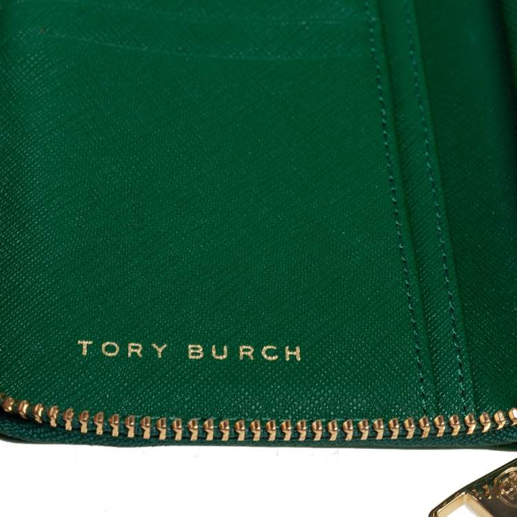 Pre Owned Tory Burch Green Leather Robinson Zip Around Wristlet Wallet Organizer