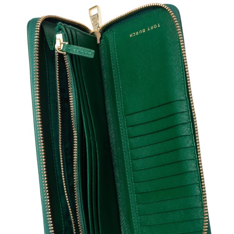 Pre Owned Tory Burch Green Leather Robinson Zip Around Wristlet Wallet Organizer