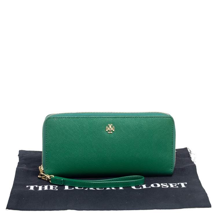 Pre Owned Tory Burch Green Leather Robinson Zip Around Wristlet Wallet Organizer