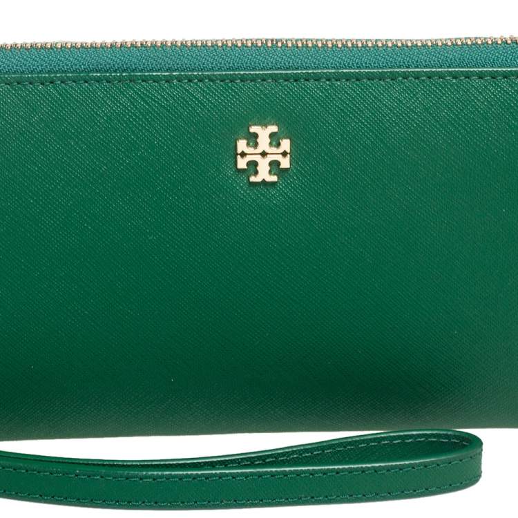 Pre Owned Tory Burch Green Leather Robinson Zip Around Wristlet Wallet Organizer