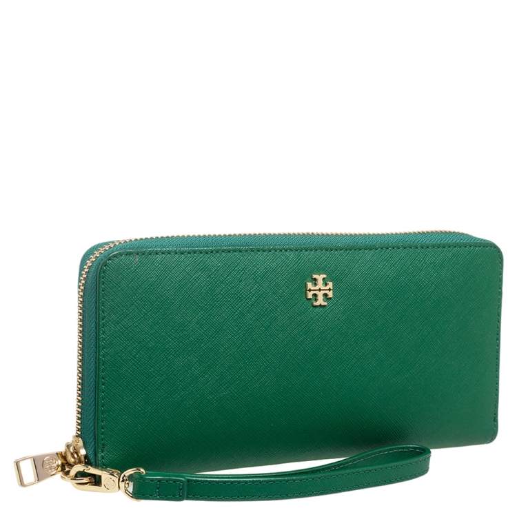 Pre Owned Tory Burch Green Leather Robinson Zip Around Wristlet Wallet Organizer