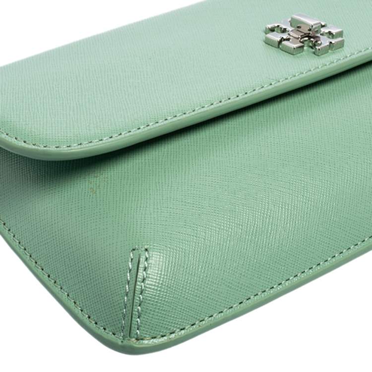 Pre Owned Tory Burch Mint Green Leather Slim Diana Flap Clutch