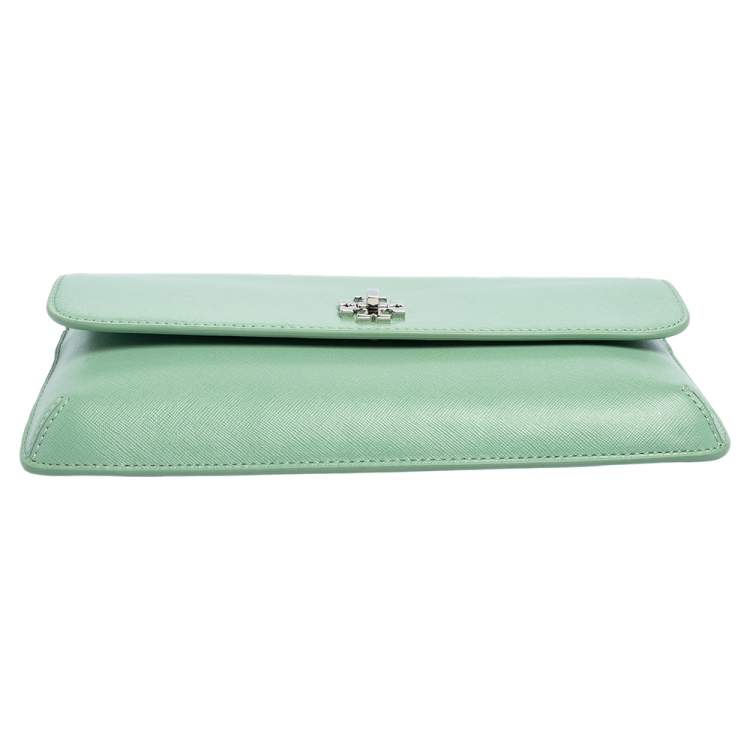 Pre Owned Tory Burch Mint Green Leather Slim Diana Flap Clutch