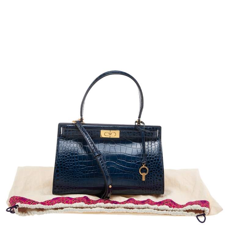 Pre Owned Tory Burch Blue Crocodile Embossed Leather Lee Radziwill Top Handle Bag