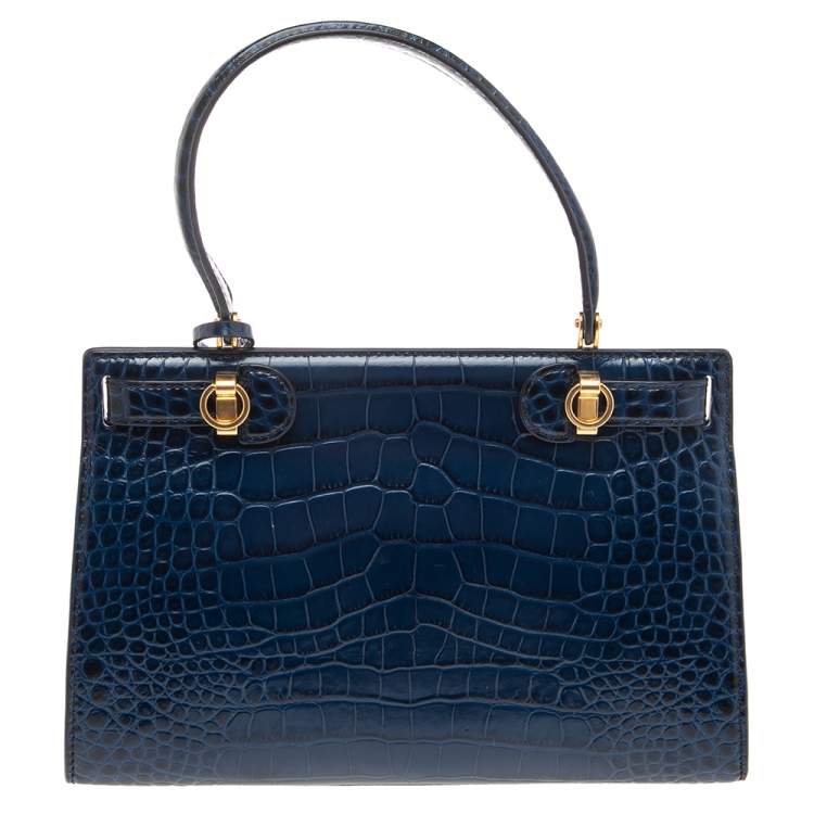 Pre Owned Tory Burch Blue Crocodile Embossed Leather Lee Radziwill Top Handle Bag