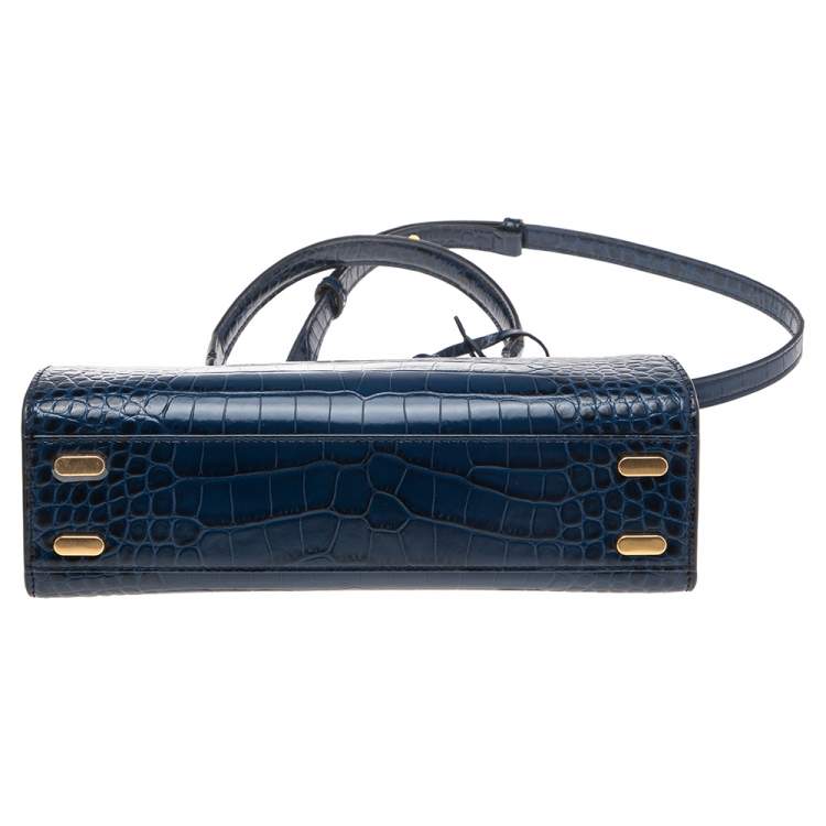 Pre Owned Tory Burch Blue Crocodile Embossed Leather Lee Radziwill Top Handle Bag
