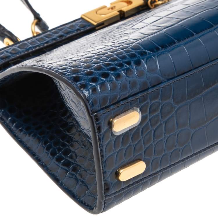 Pre Owned Tory Burch Blue Crocodile Embossed Leather Lee Radziwill Top Handle Bag