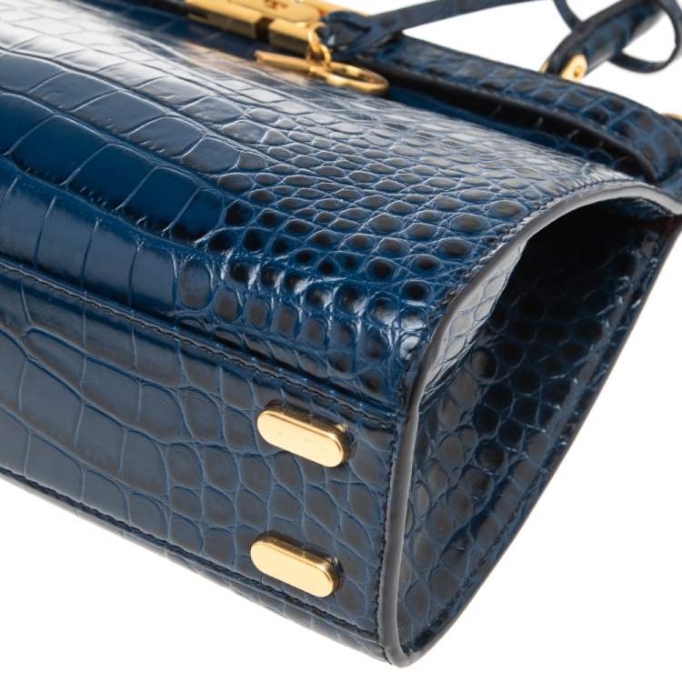 Pre Owned Tory Burch Blue Crocodile Embossed Leather Lee Radziwill Top Handle Bag