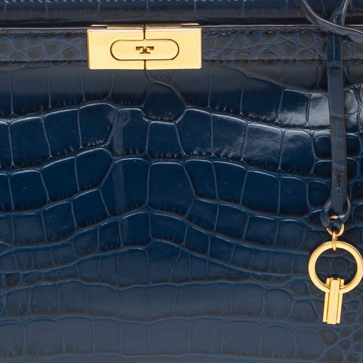 Pre Owned Tory Burch Blue Crocodile Embossed Leather Lee Radziwill Top Handle Bag