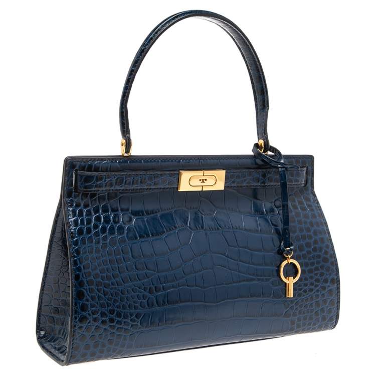Pre Owned Tory Burch Blue Crocodile Embossed Leather Lee Radziwill Top Handle Bag