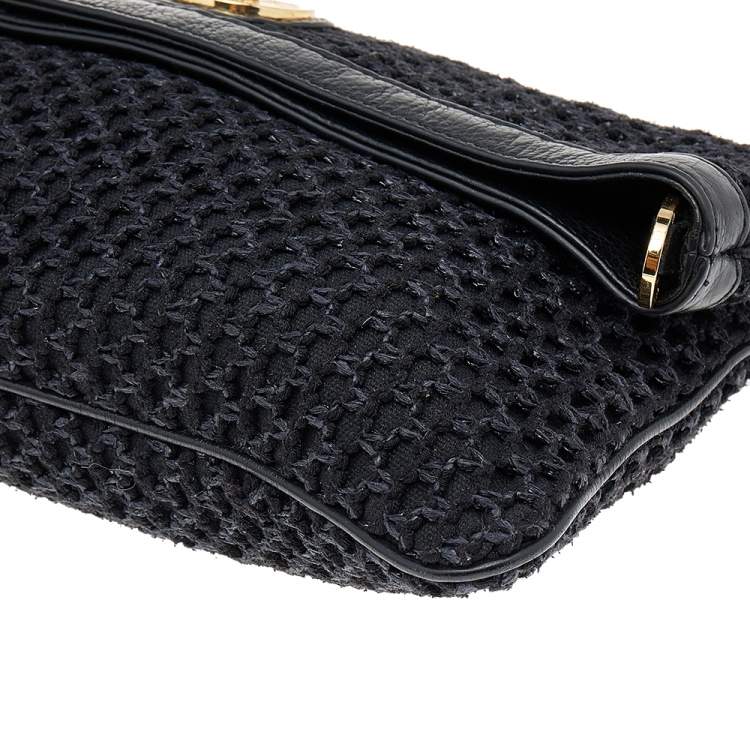 Pre Owned Tory Burch Black Fabric And Leather Amanda Foldover Crossbody Bag