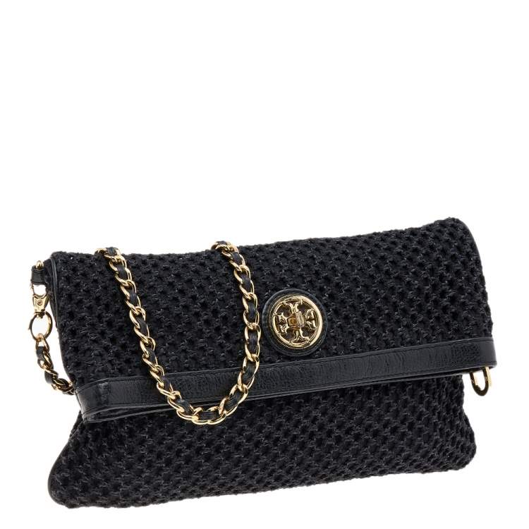 Pre Owned Tory Burch Black Fabric And Leather Amanda Foldover Crossbody Bag