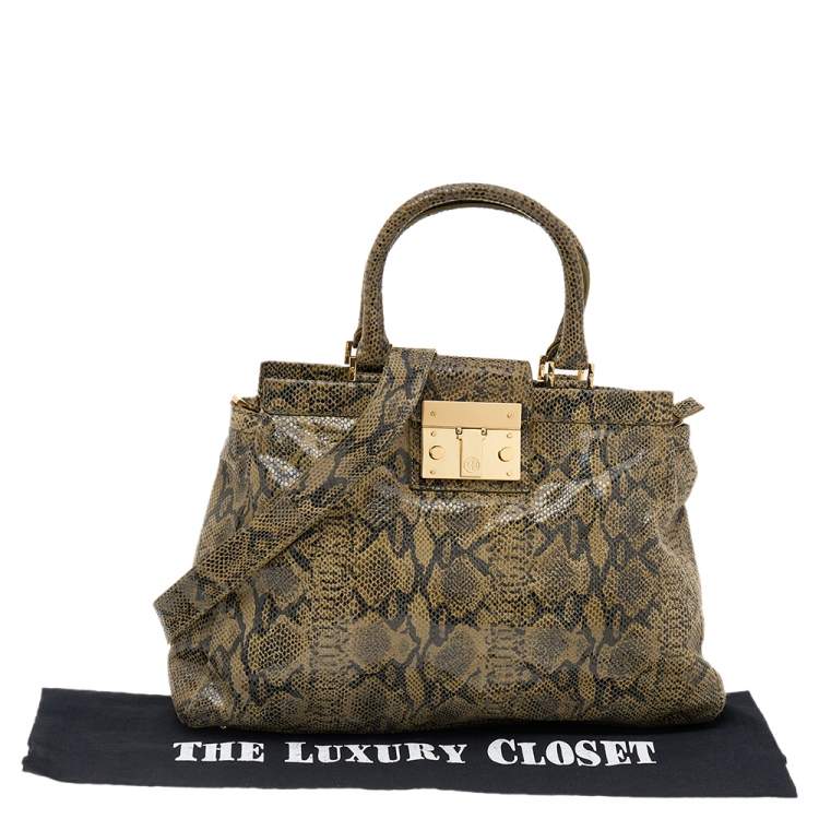 Pre Owned Tory Burch Olive Green/Black Python Embossed Leather Satchel