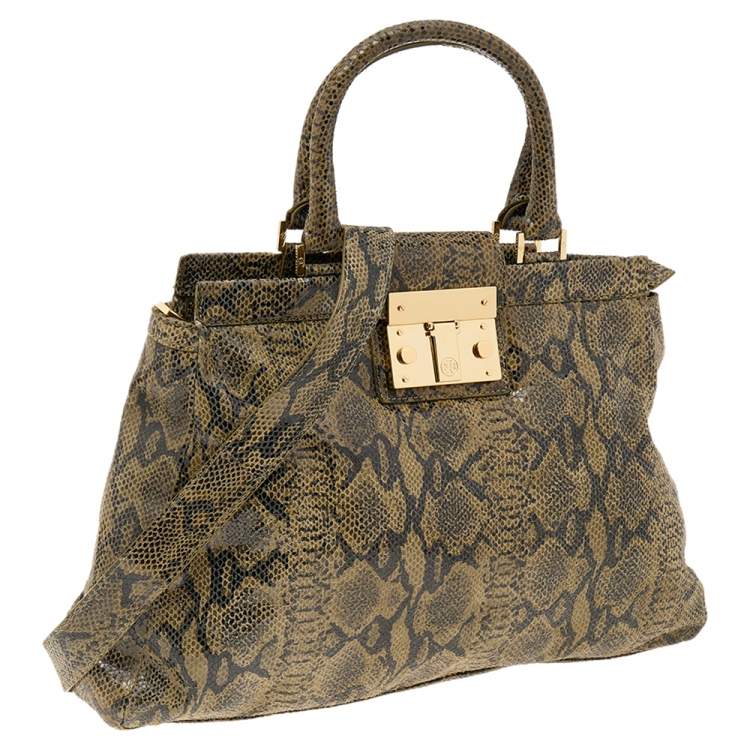 Pre Owned Tory Burch Olive Green/Black Python Embossed Leather Satchel
