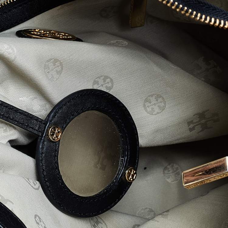 Pre Owned Tory Burch Black Leather Top Zip Robinson Tote