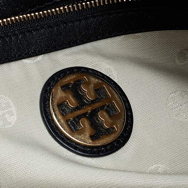 Pre Owned Tory Burch Black Leather Top Zip Robinson Tote