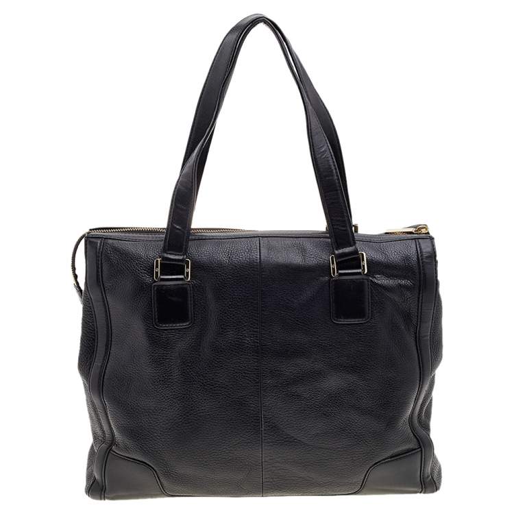 Pre Owned Tory Burch Black Leather Top Zip Robinson Tote