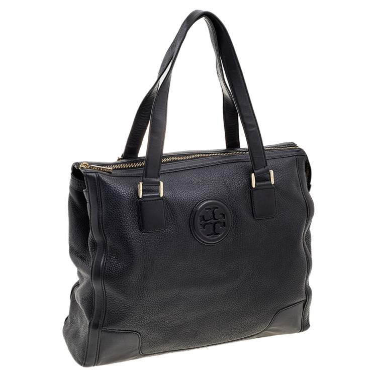 Pre Owned Tory Burch Black Leather Top Zip Robinson Tote