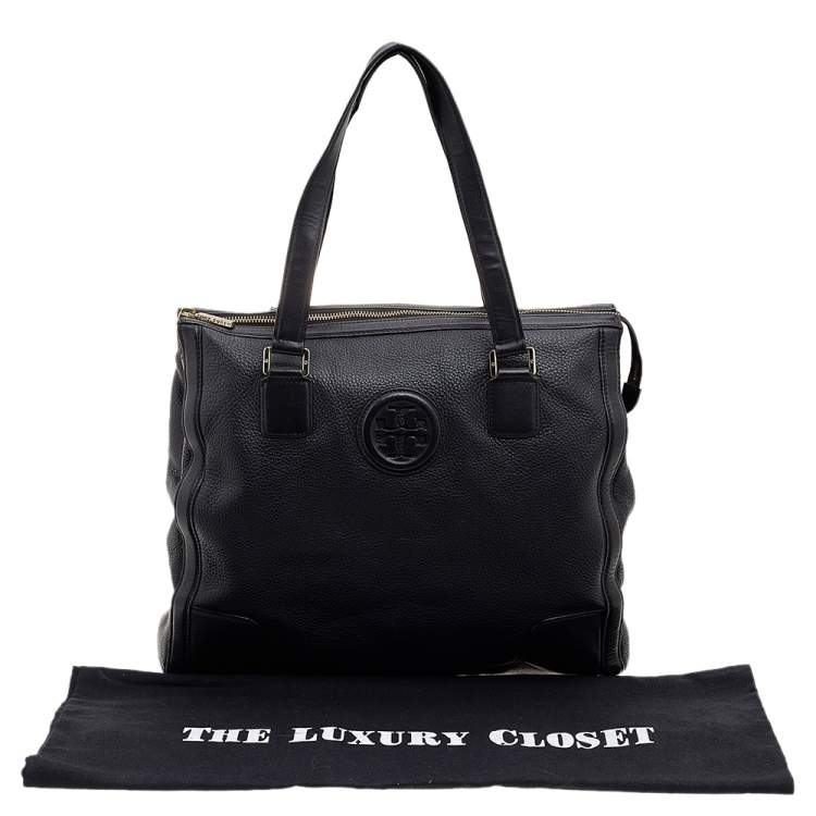 Pre Owned Tory Burch Black Leather Top Zip Robinson Tote