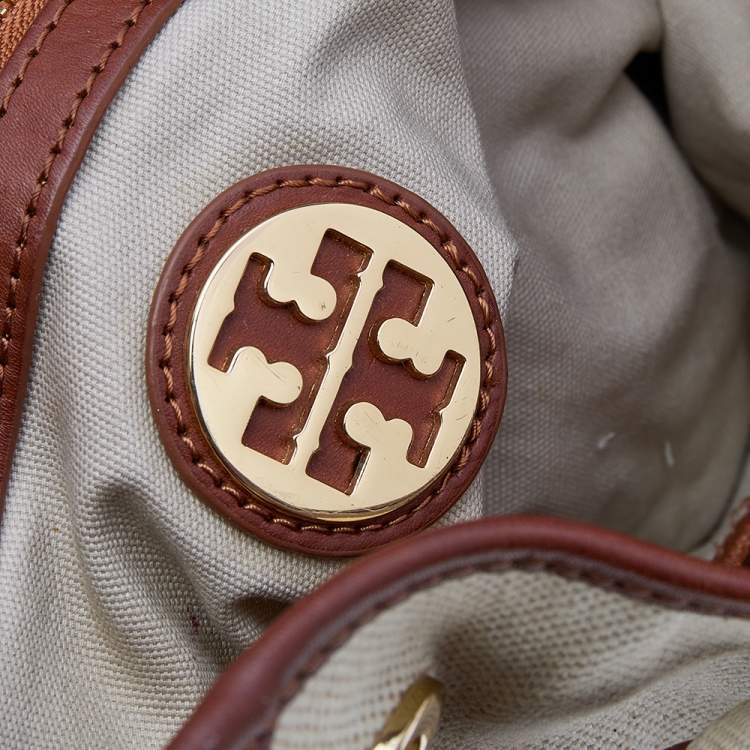 Pre Owned Tory Burch Brown/Beige Canvas And Leather Shoulder Bag