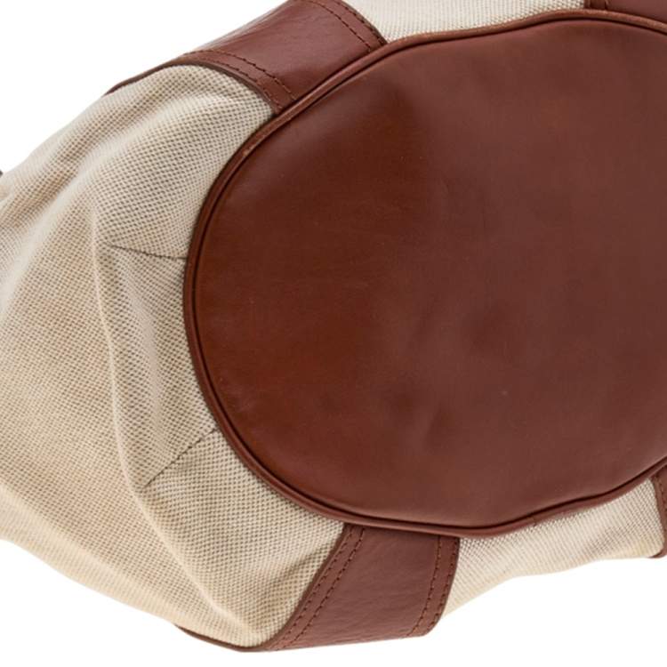 Pre Owned Tory Burch Brown/Beige Canvas And Leather Shoulder Bag
