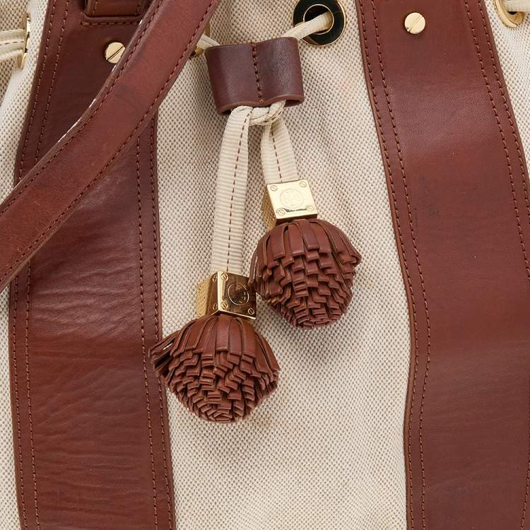 Pre Owned Tory Burch Brown/Beige Canvas And Leather Shoulder Bag
