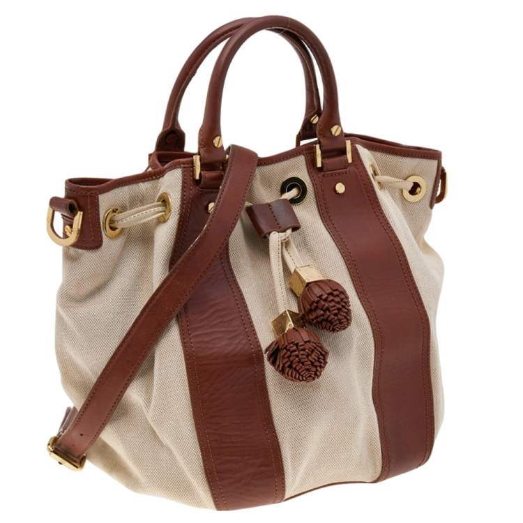 Pre Owned Tory Burch Brown/Beige Canvas And Leather Shoulder Bag