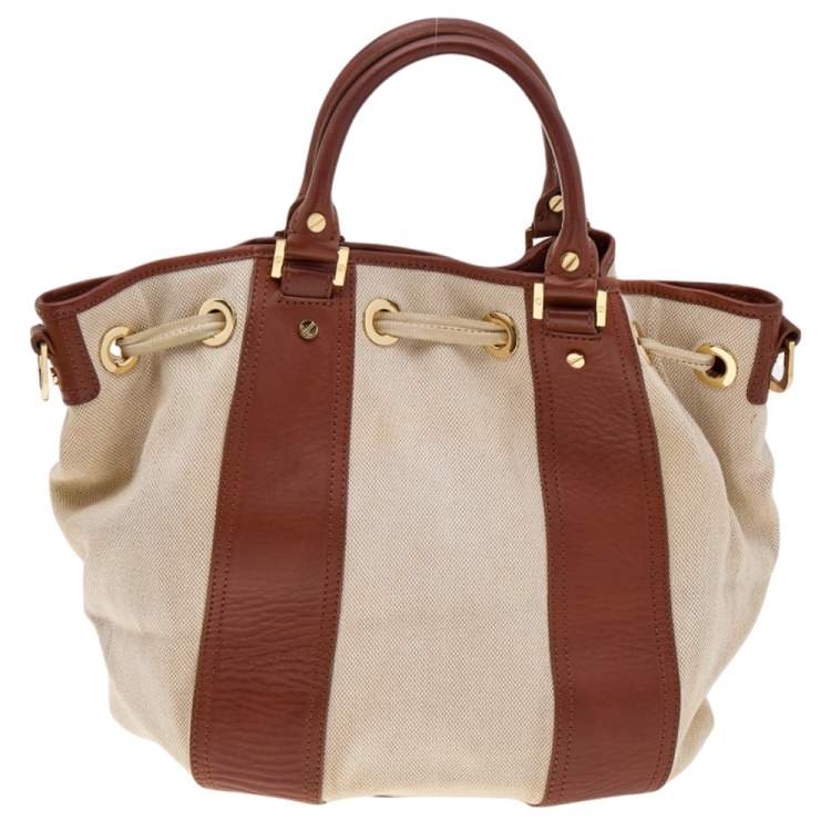 Pre Owned Tory Burch Brown/Beige Canvas And Leather Shoulder Bag