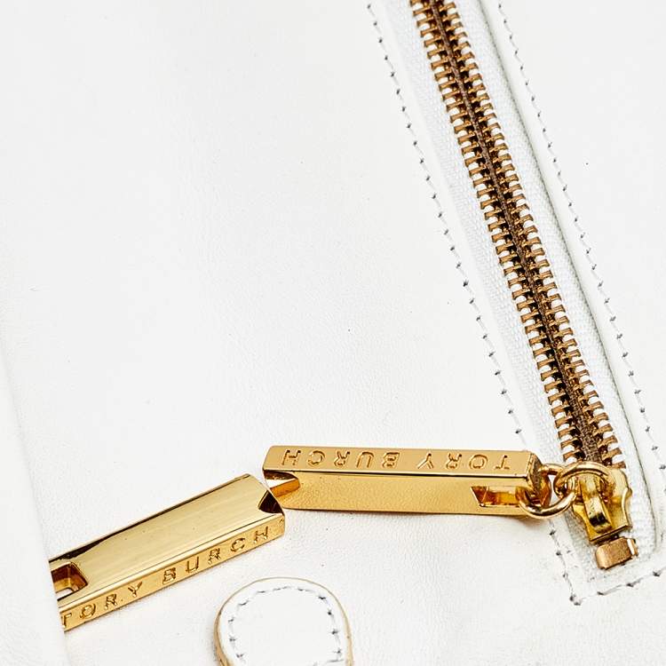 Pre Owned Tory Burch Beige/Off White Raffia And Patent Leather Reva Foldover Clutch