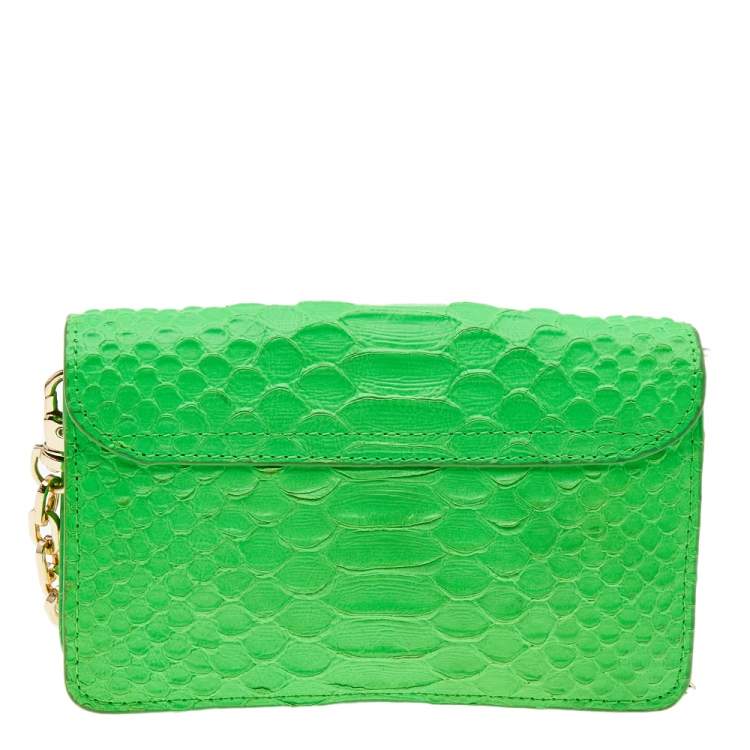Pre Owned Tory Burch Neon Green Python Embossed Leather Miniature Crossbody Bag