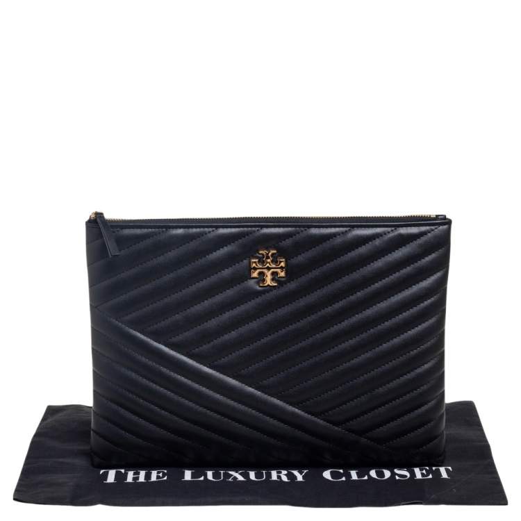 Pre Owned Tory Burch Black Chevron Quilted Leather Kira Pouch