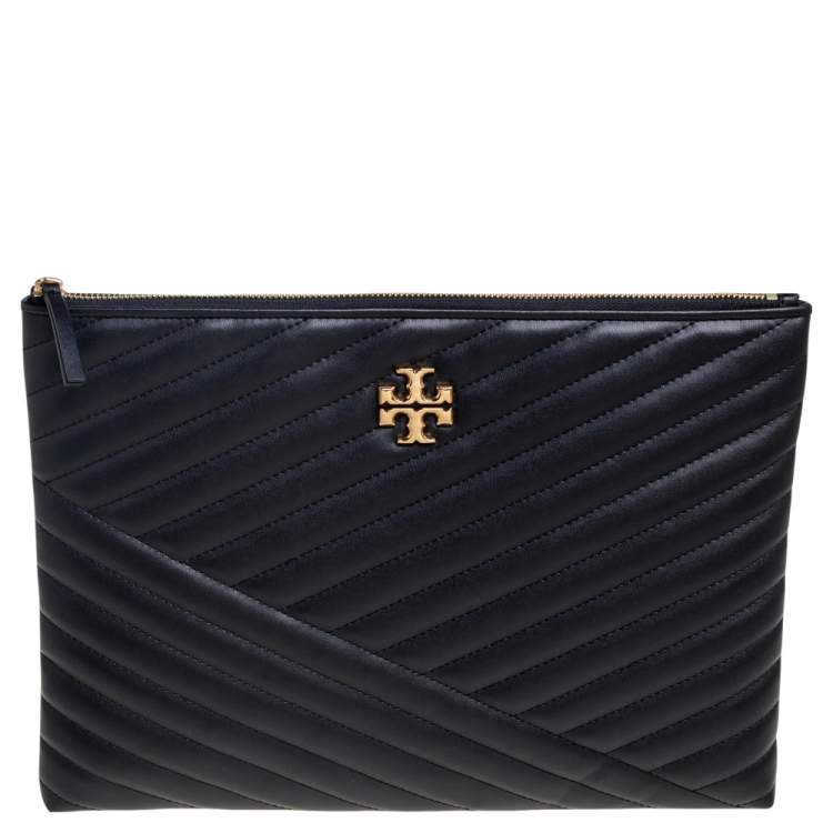 Pre Owned Tory Burch Black Chevron Quilted Leather Kira Pouch