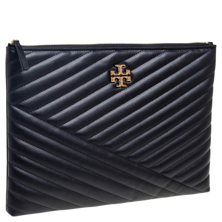 Pre Owned Tory Burch Black Chevron Quilted Leather Kira Pouch