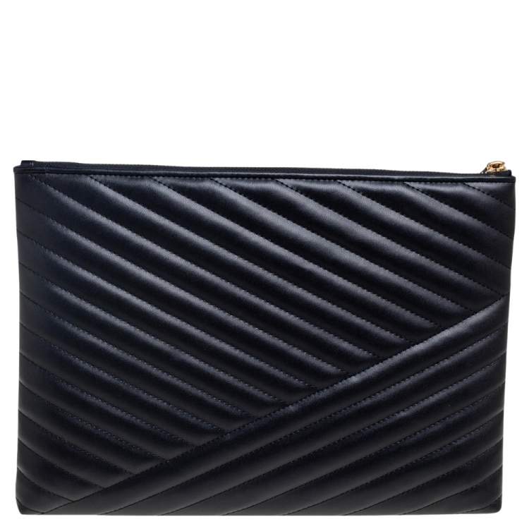 Pre Owned Tory Burch Black Chevron Quilted Leather Kira Pouch