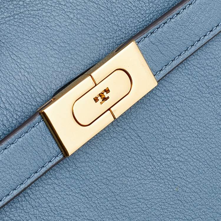 Pre Owned Tory Burch Blue Leather Lee Radziwill Top Handle Bag