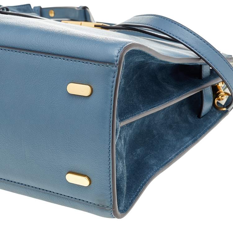 Pre Owned Tory Burch Blue Leather Lee Radziwill Top Handle Bag