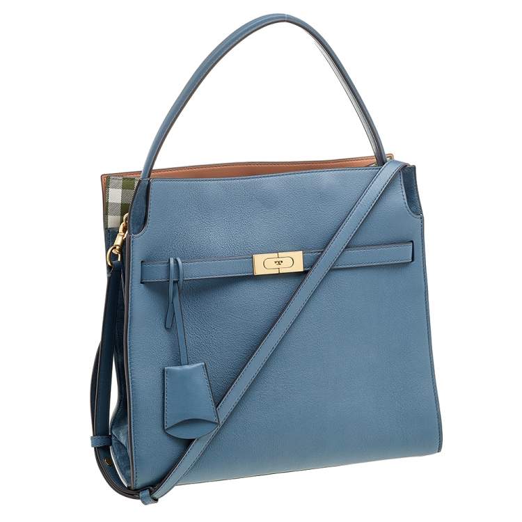 Pre Owned Tory Burch Blue Leather Lee Radziwill Top Handle Bag