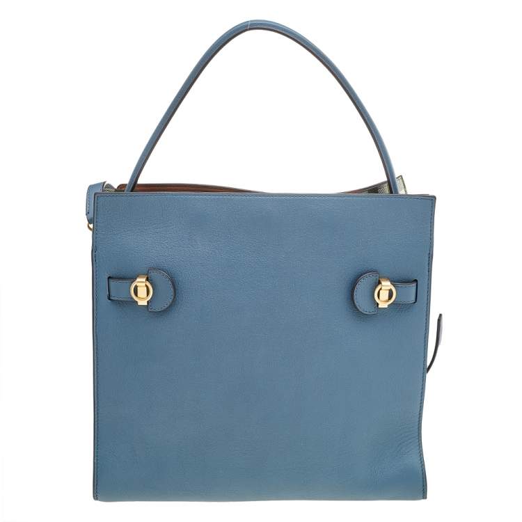 Pre Owned Tory Burch Blue Leather Lee Radziwill Top Handle Bag