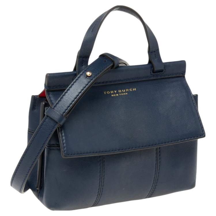 Pre Owned Tory Burch Blue Leather Mini Block T Top Handle Bag